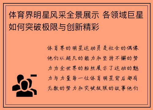 体育界明星风采全景展示 各领域巨星如何突破极限与创新精彩
